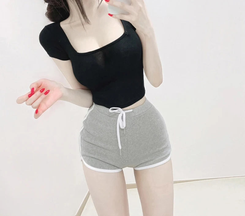 Crop Tops Cotton Basic T Shirts Women Solid Square Collar Half Sleeve Female Tops Summer 2025 New Casual Slim Fit Ladies Tees
