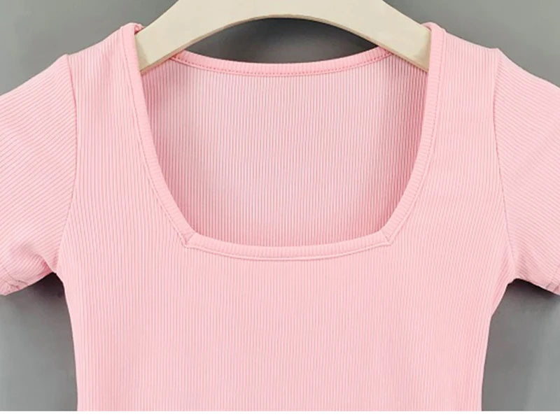 Crop Tops Cotton Basic T Shirts Women Solid Square Collar Half Sleeve Female Tops Summer 2025 New Casual Slim Fit Ladies Tees
