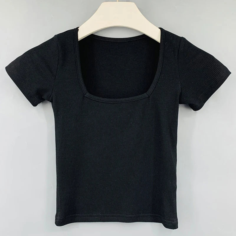 Crop Tops Cotton Basic T Shirts Women Solid Square Collar Half Sleeve Female Tops Summer 2025 New Casual Slim Fit Ladies Tees