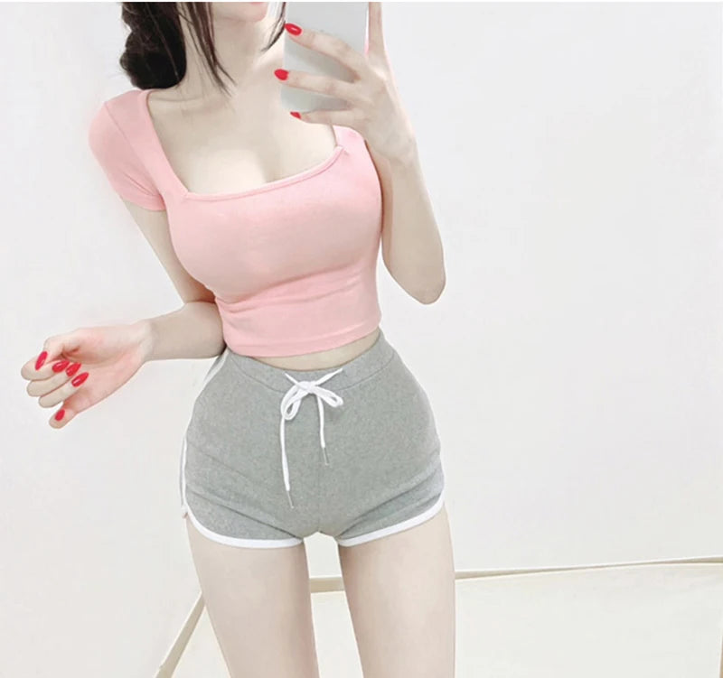 Crop Tops Cotton Basic T Shirts Women Solid Square Collar Half Sleeve Female Tops Summer 2025 New Casual Slim Fit Ladies Tees