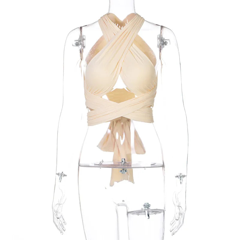 Strappy Cross Over Front Cut Out Halter Neck Sleeveless Backless Tops Woman Clothes