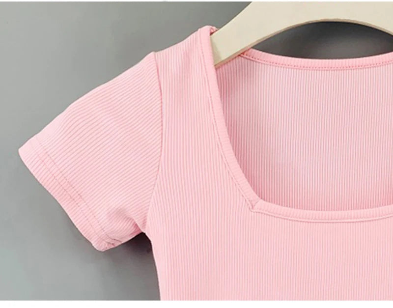 Crop Tops Cotton Basic T Shirts Women Solid Square Collar Half Sleeve Female Tops Summer 2025 New Casual Slim Fit Ladies Tees