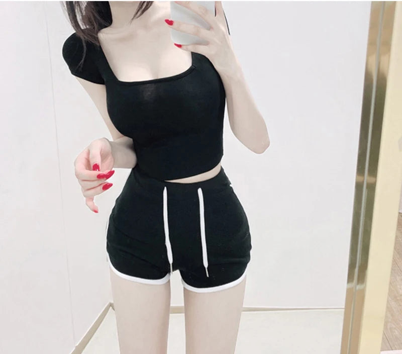 Crop Tops Cotton Basic T Shirts Women Solid Square Collar Half Sleeve Female Tops Summer 2025 New Casual Slim Fit Ladies Tees