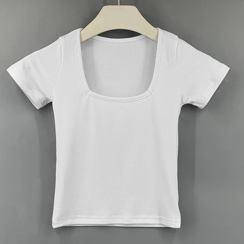 Crop Tops Cotton Basic T Shirts Women Solid Square Collar Half Sleeve Female Tops Summer 2025 New Casual Slim Fit Ladies Tees
