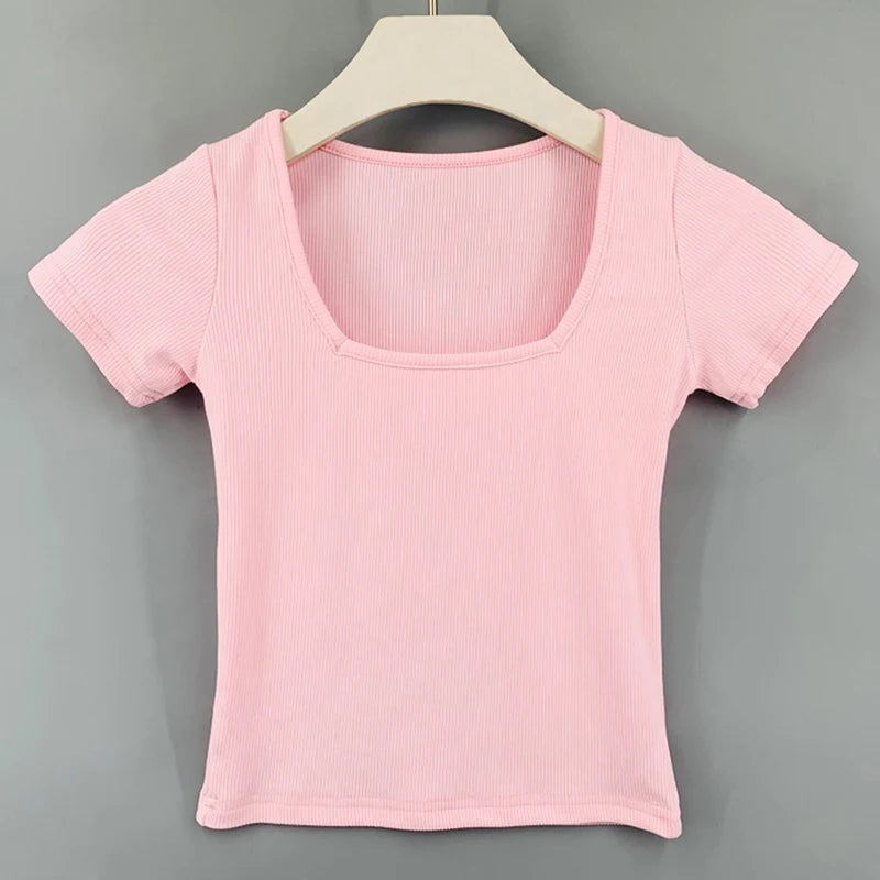 Crop Tops Cotton Basic T Shirts Women Solid Square Collar Half Sleeve Female Tops Summer 2025 New Casual Slim Fit Ladies Tees
