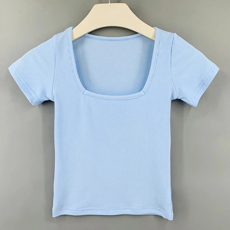 Crop Tops Cotton Basic T Shirts Women Solid Square Collar Half Sleeve Female Tops Summer 2025 New Casual Slim Fit Ladies Tees