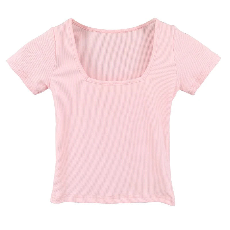 Crop Tops Cotton Basic T Shirts Women Solid Square Collar Half Sleeve Female Tops Summer 2025 New Casual Slim Fit Ladies Tees