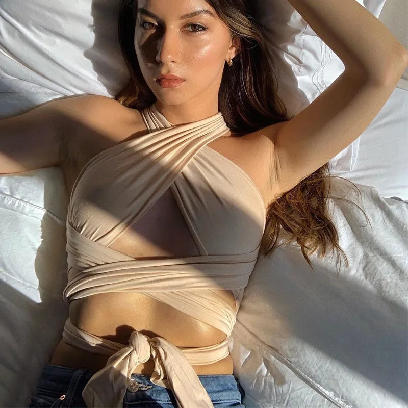 Strappy Cross Over Front Cut Out Halter Neck Sleeveless Backless Tops Woman Clothes