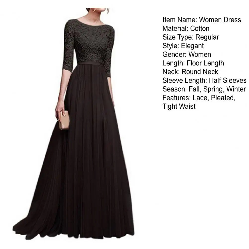 Women Maxi Dress Lace Flower Embroidery Pleated Floor Length Women