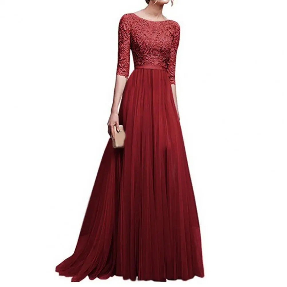Women Maxi Dress Lace Flower Embroidery Pleated Floor Length Women