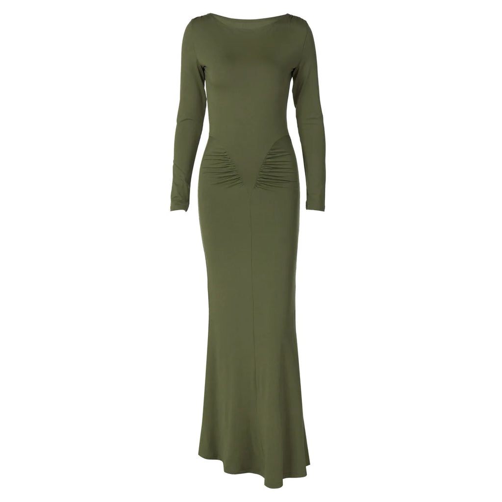Sexy Wrap Buttocks Dresses Women O Neck Dress Long Sleeve Sheath Slim Fit Solid Spliced Pullover Folds Floor Length 2025