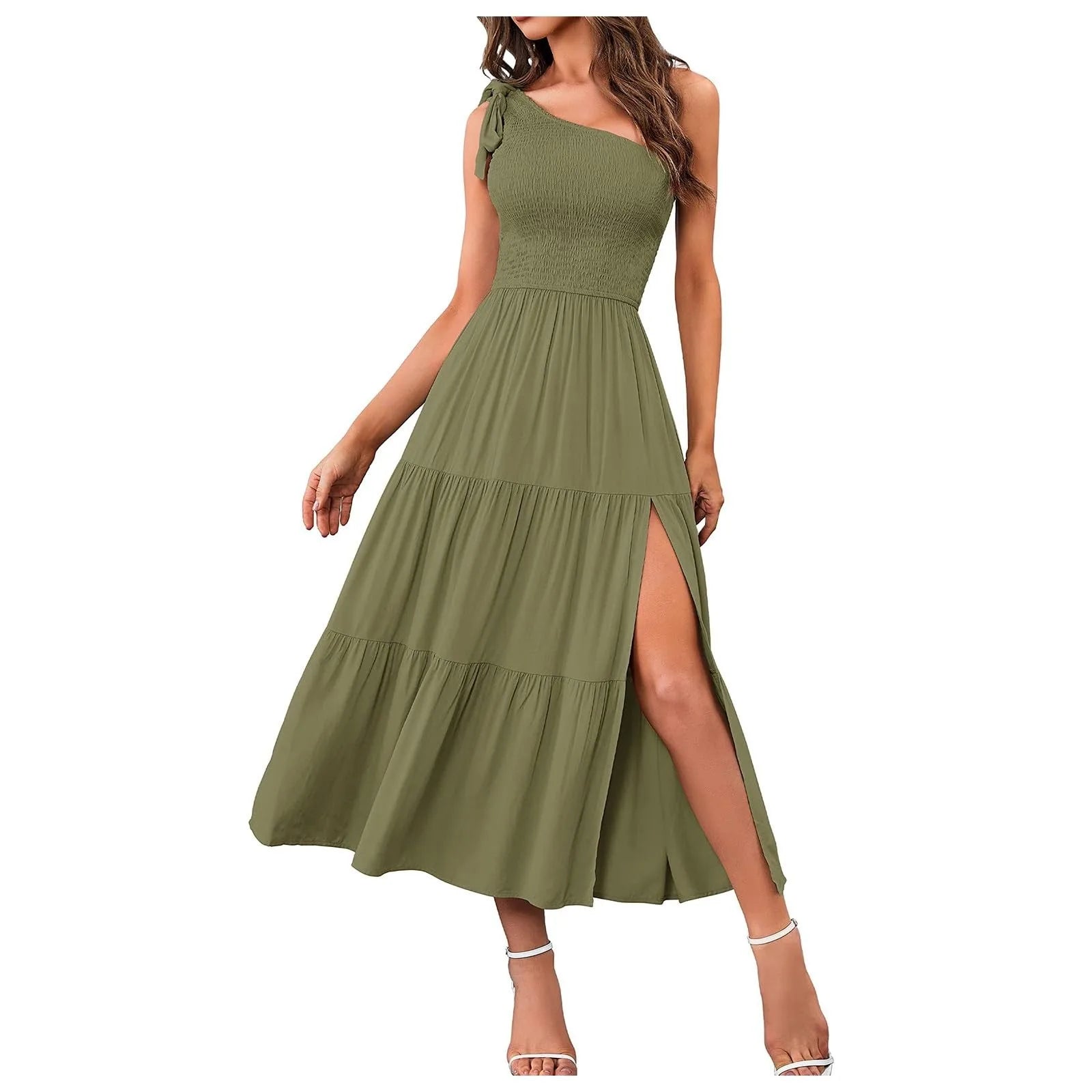 Women'S Summer Casual One Shoulder Sleeveless Smocked Elastic Dress