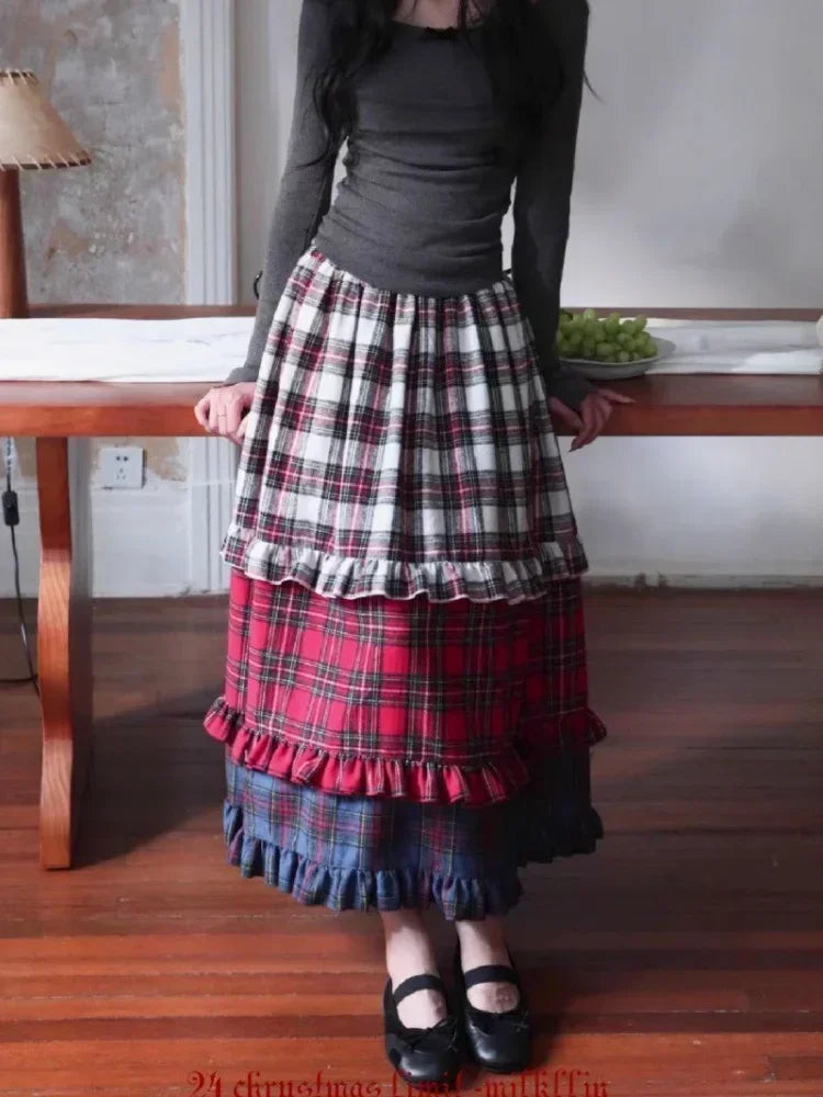 Winter Dresses Christmas Long Skirt Spliced Lace Contrast Colors Fashion