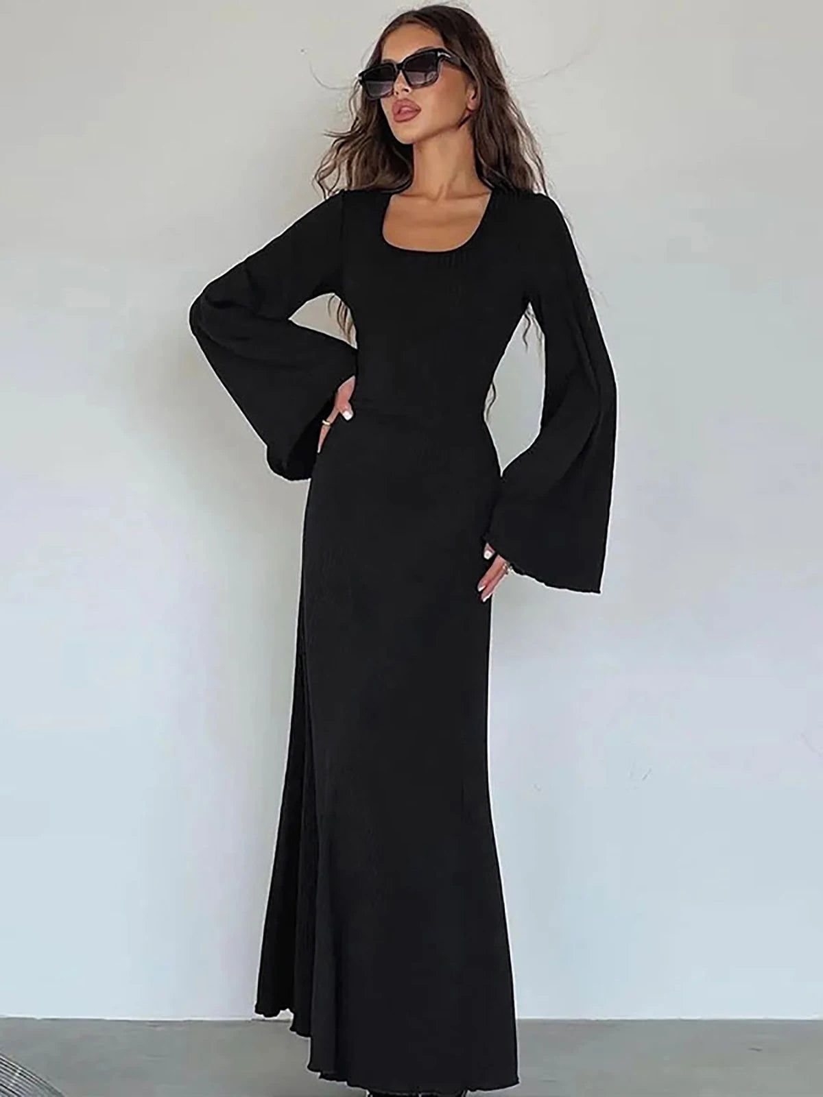 Women‘s Casual  Dress U Neck A Line Slim Skinny Elastic Bell Long Sleeve Dress