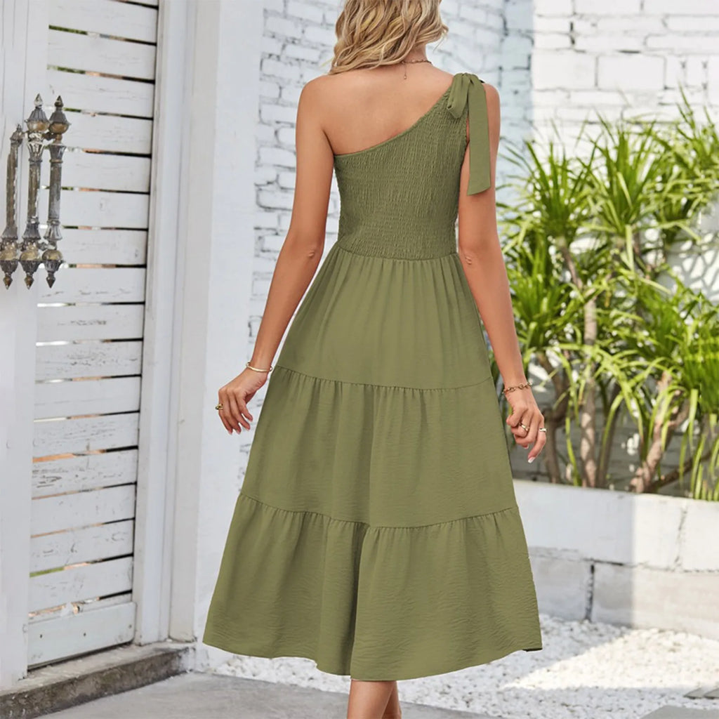 Women'S Summer Casual One Shoulder Sleeveless Smocked Elastic Dress