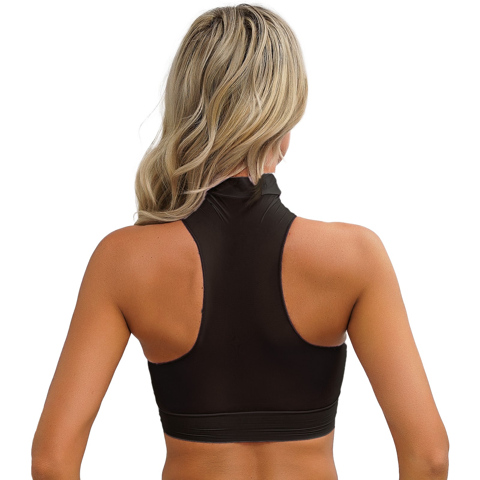 Womens Glossy Crop Tops Mock Neck Sleeveless Sheer See-Through Slim Fit Vest Tops