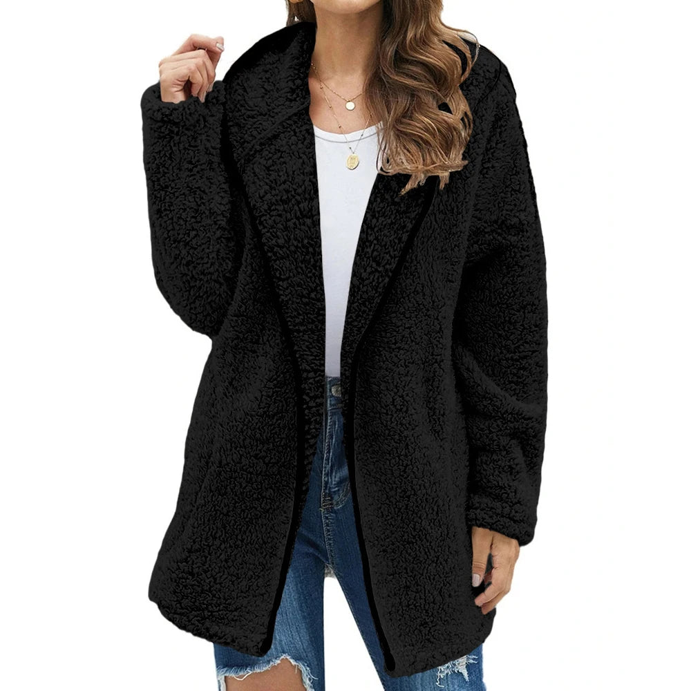 Winter Women Long Teddy Jacket Warm Thick Fleece Coat Turn Down Collar Plush Coat Fashion