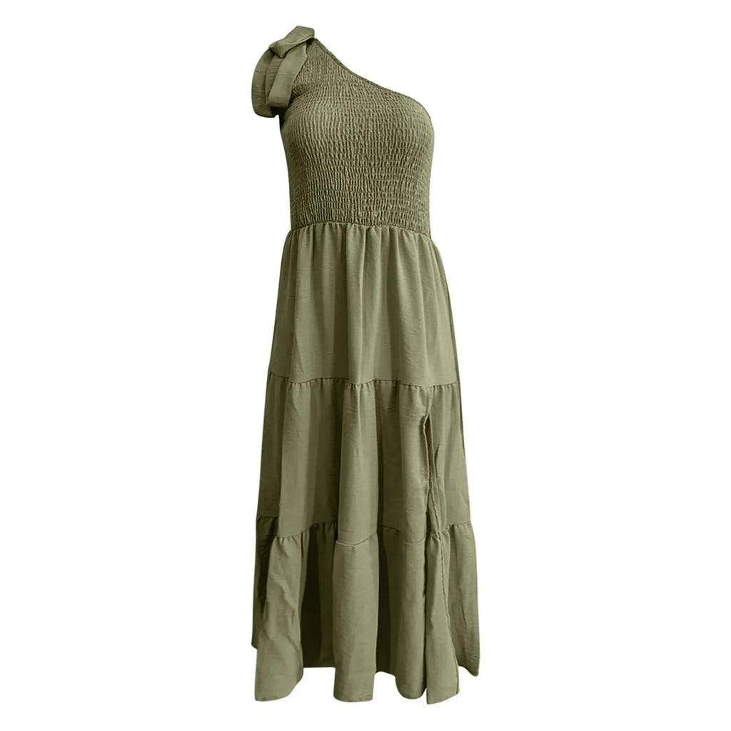 Women'S Summer Casual One Shoulder Sleeveless Smocked Elastic Dress