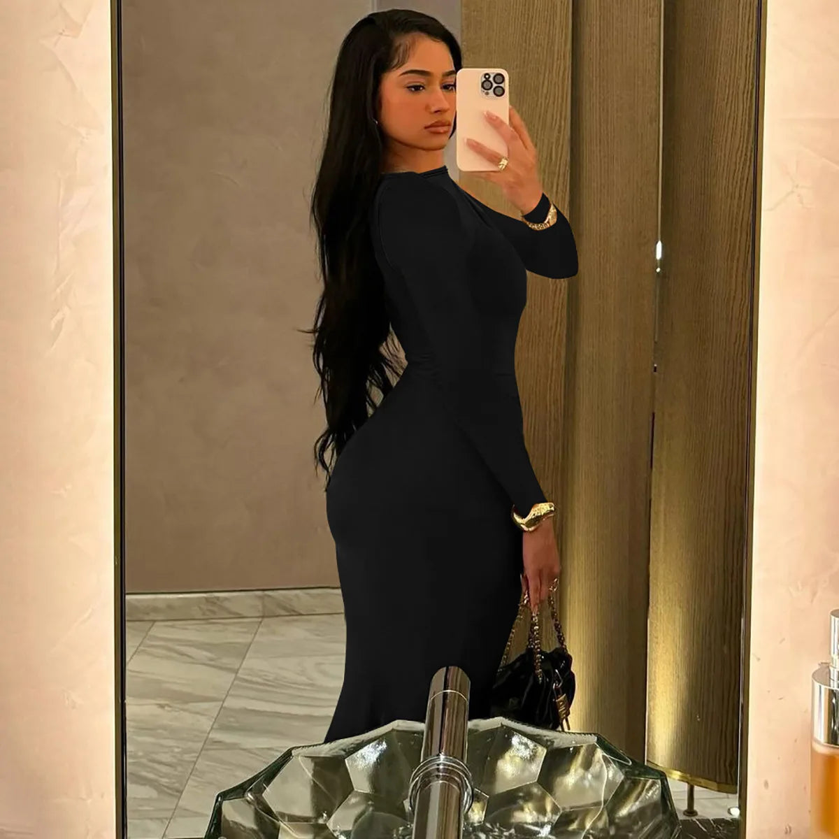 Sexy Wrap Buttocks Dresses Women O Neck Dress Long Sleeve Sheath Slim Fit Solid Spliced Pullover Folds Floor Length 2025