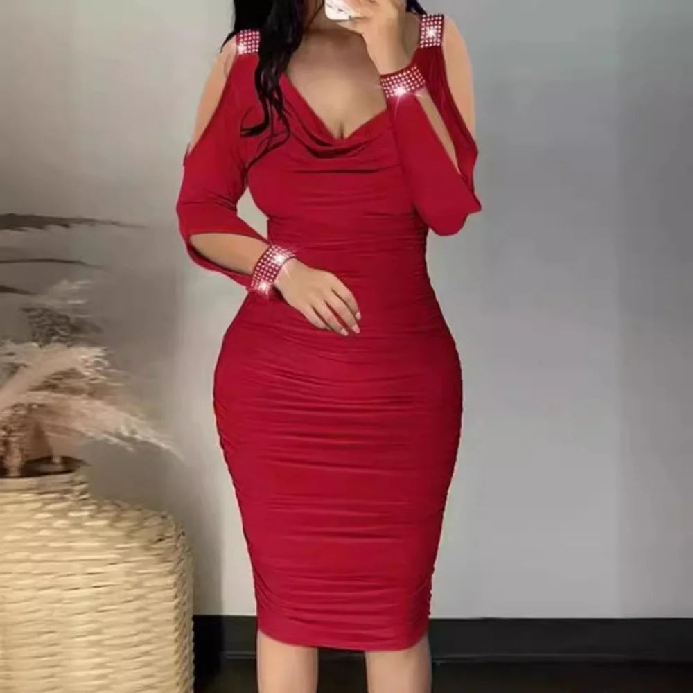 Sexy Fashion Solid Color Clothes V-Neck Women's Pleated Wraps Dress