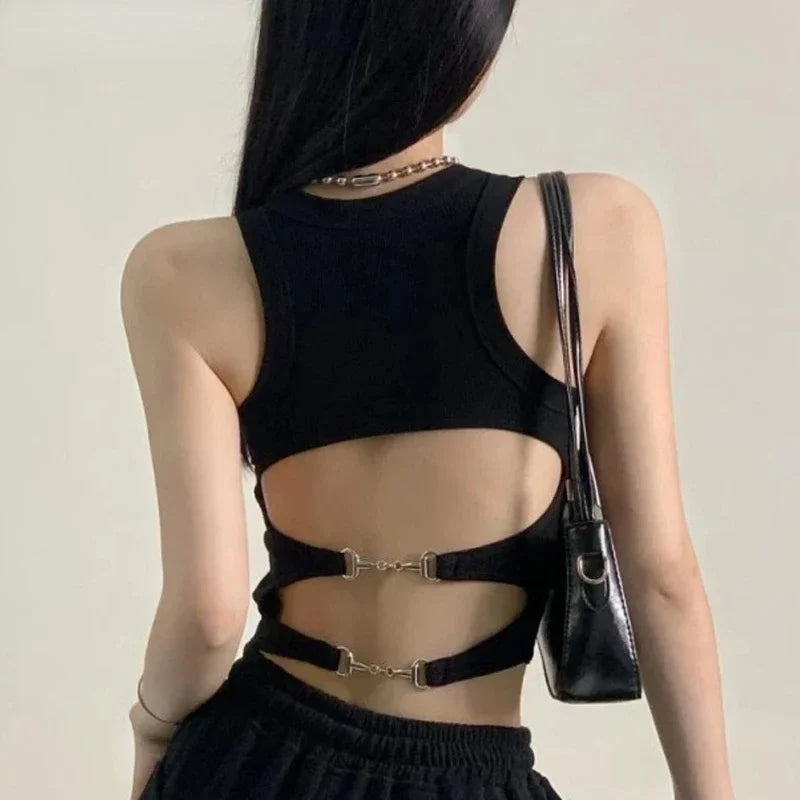 Women Sports Tank Sexy Backless Tops with Bra Pad Casual Crop Tops