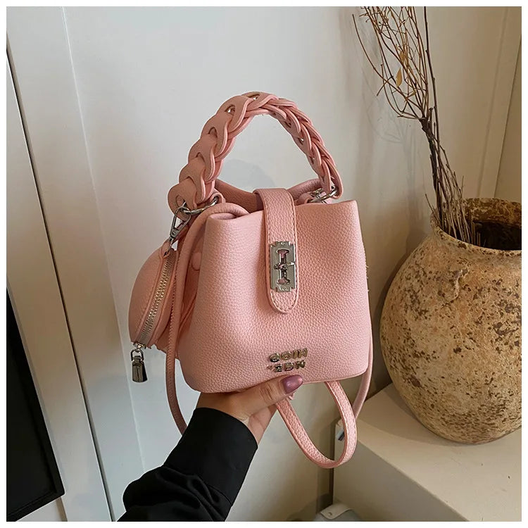 Handheld Bucket Bag For Women 2025 New Retro Pu Leather Patchwork Shoulder Bags Trend Versatile Commuting Mini Crossbody Pack