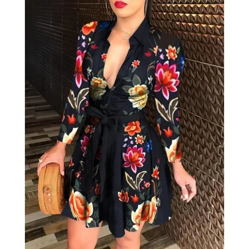 Casual Long Sleeved Dress With Buttons And Lapels, Elegant Suit With Print Dress