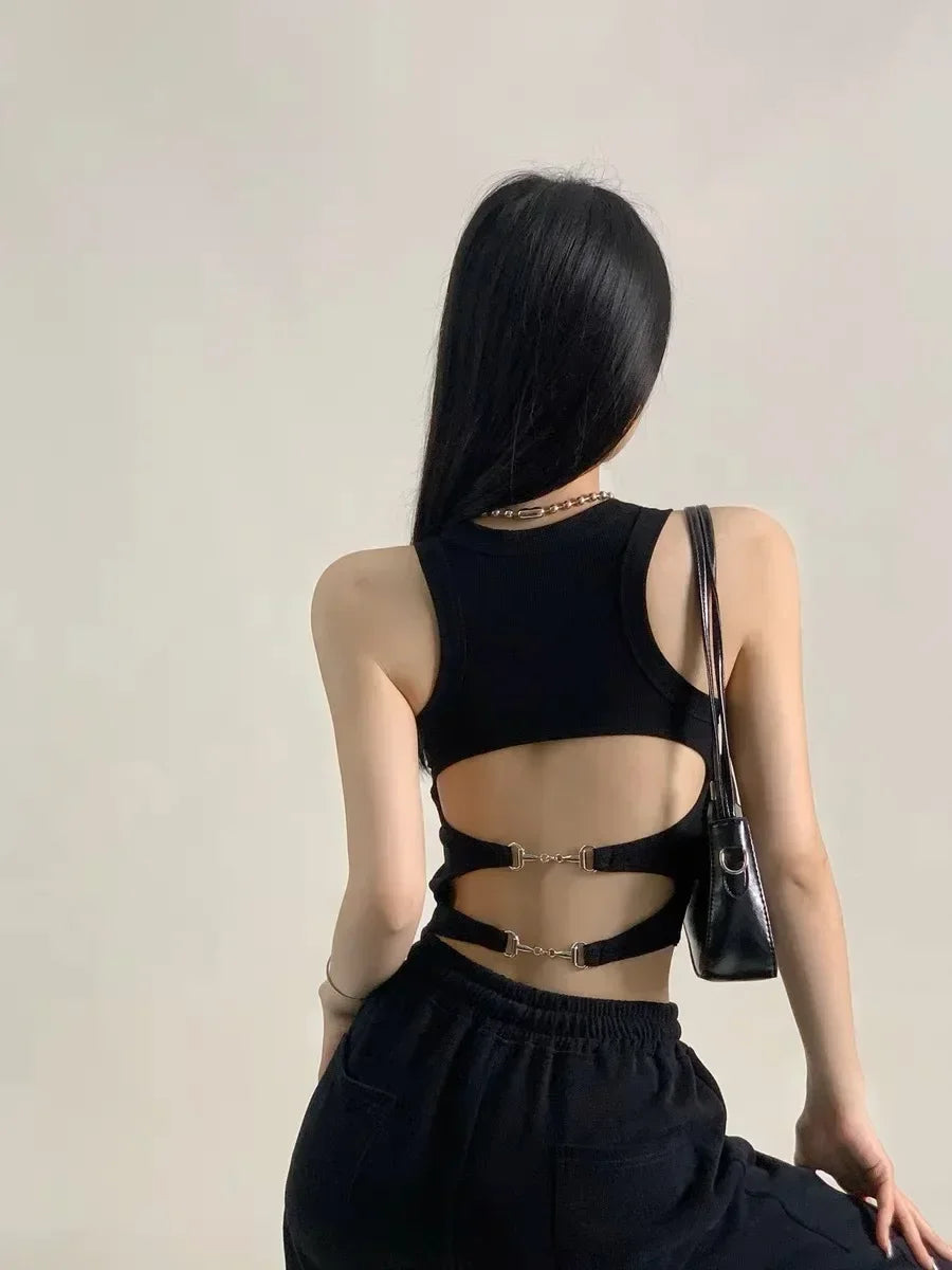 Women Sports Tank Sexy Backless Tops with Bra Pad Casual Crop Tops