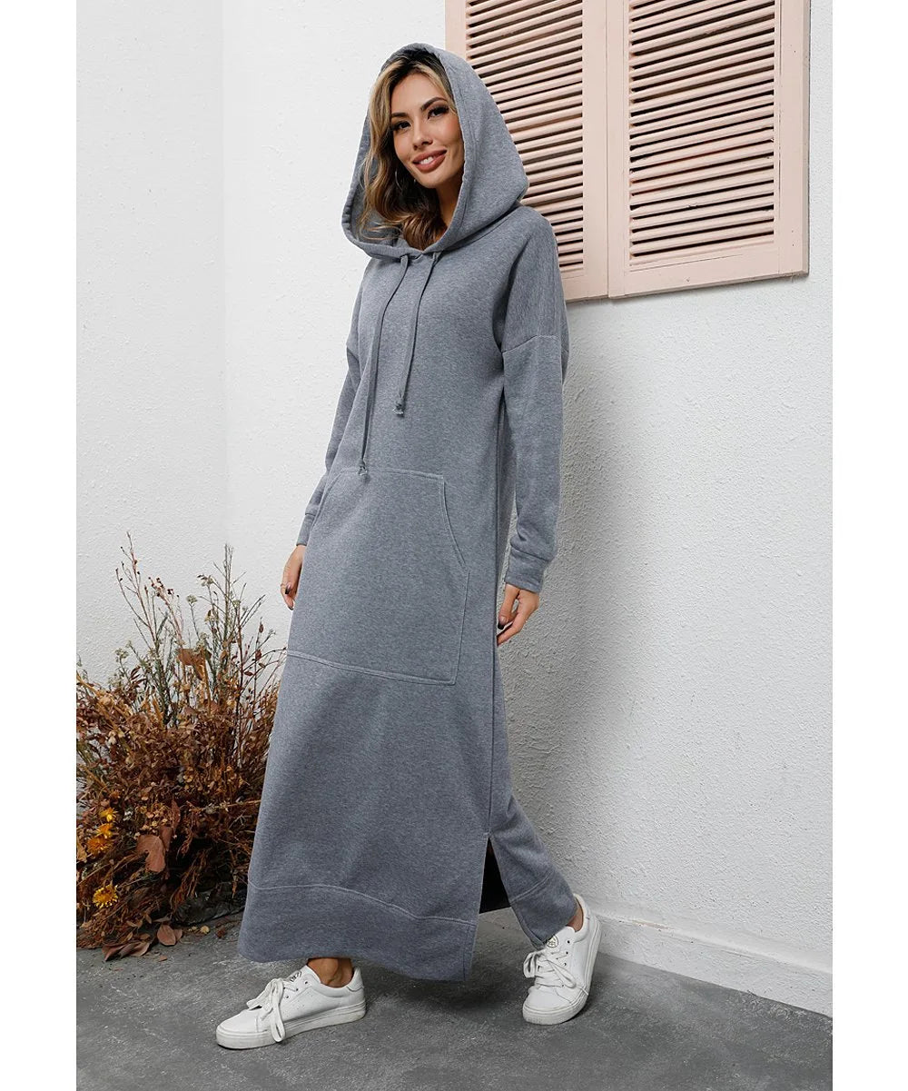 Women Dresses Autumn Winter hoodies Hooded Big Pocket Sweaters Dress