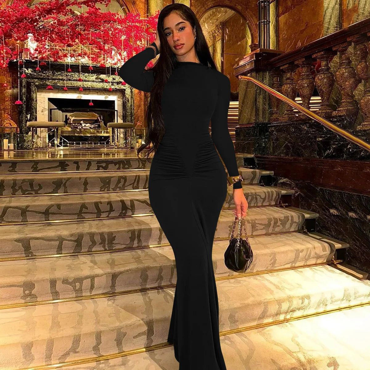 Sexy Wrap Buttocks Dresses Women O Neck Dress Long Sleeve Sheath Slim Fit Solid Spliced Pullover Folds Floor Length 2025