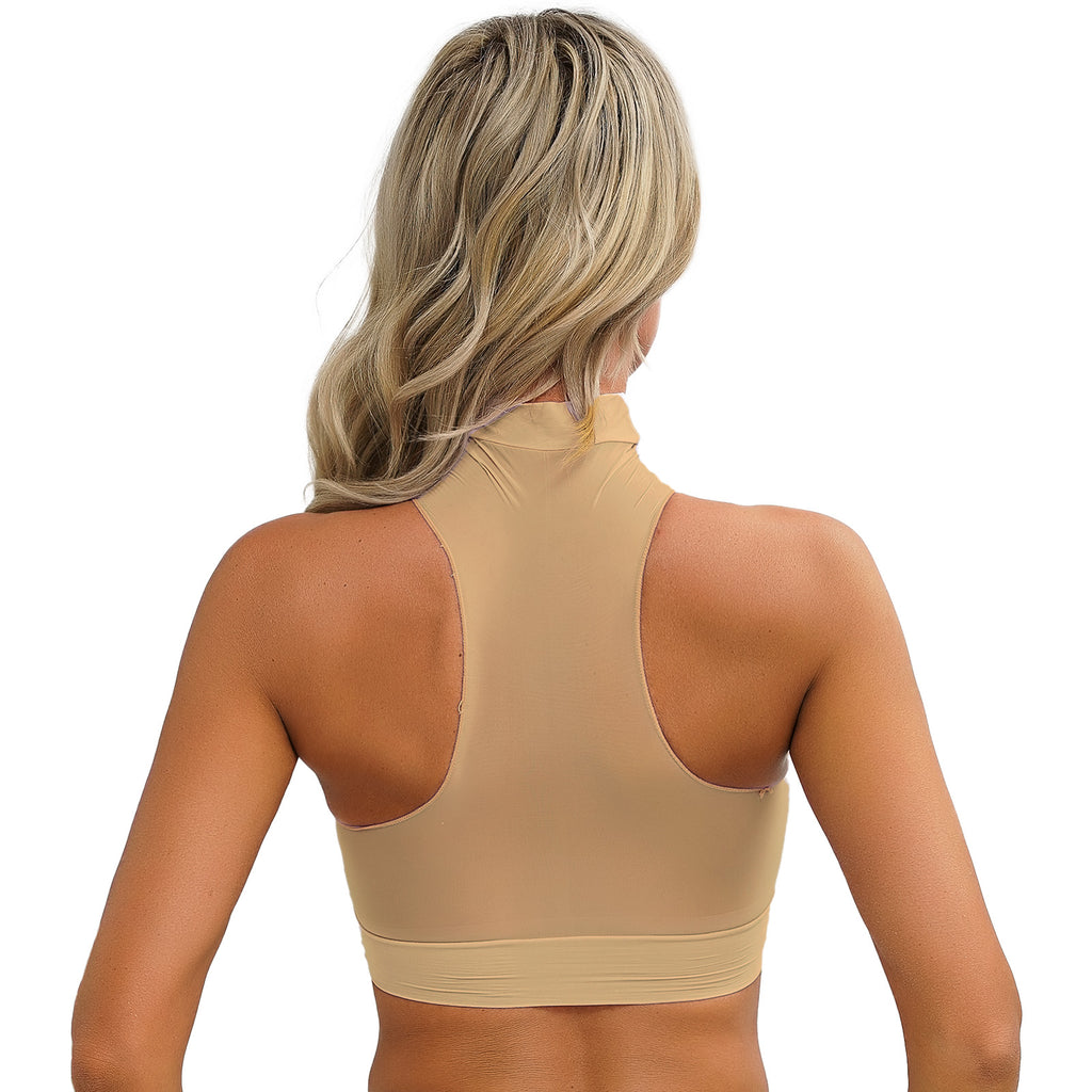 Womens Glossy Crop Tops Mock Neck Sleeveless Sheer See-Through Slim Fit Vest Tops