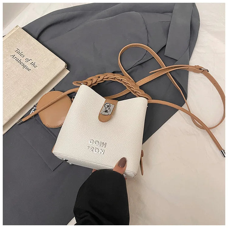 Handheld Bucket Bag For Women 2025 New Retro Pu Leather Patchwork Shoulder Bags Trend Versatile Commuting Mini Crossbody Pack
