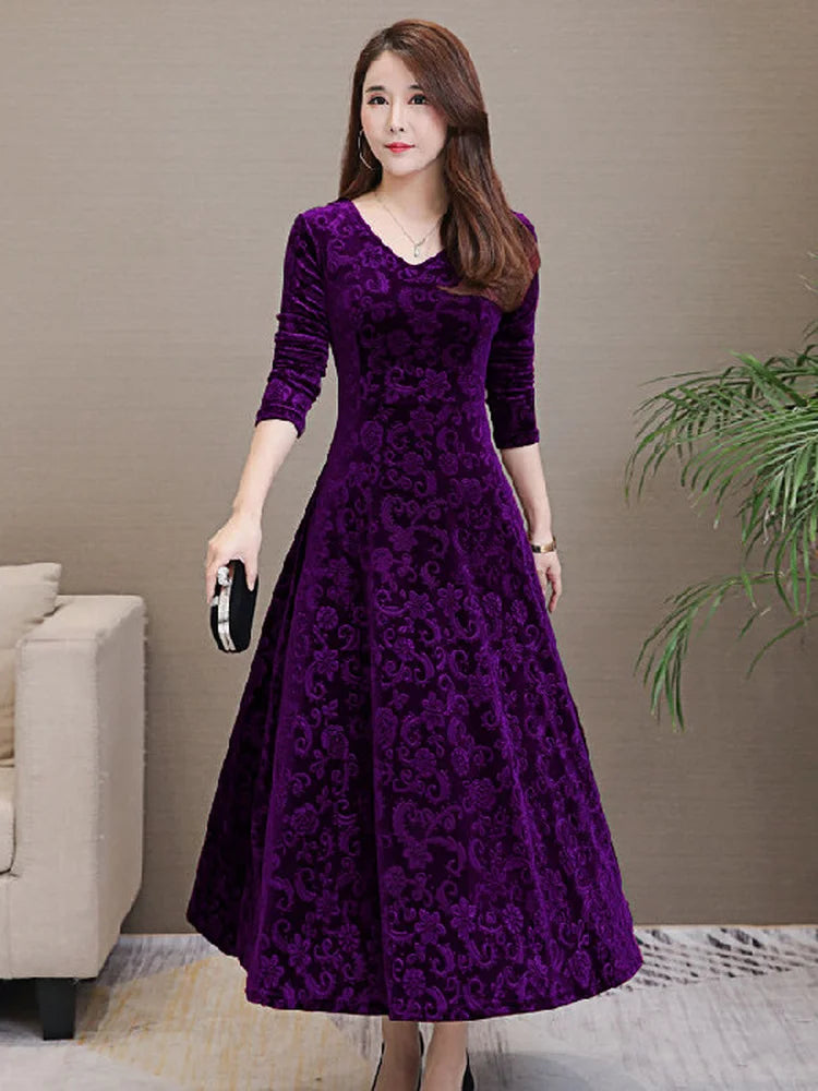 Elegant Velvet Dress Solid Long Sleeve Party Women Sexy V Neck Slim Fit Autumn Fashion Gothic Elbise Vestidos Mujer Femme Winter