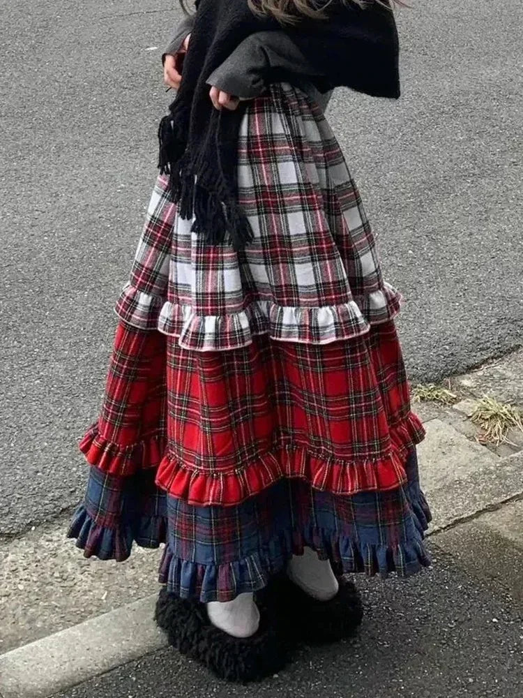 Winter Dresses Christmas Long Skirt Spliced Lace Contrast Colors Fashion