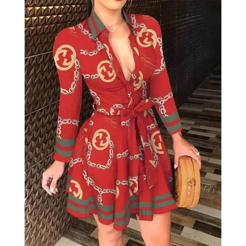 Casual Long Sleeved Dress With Buttons And Lapels, Elegant Suit With Print Dress