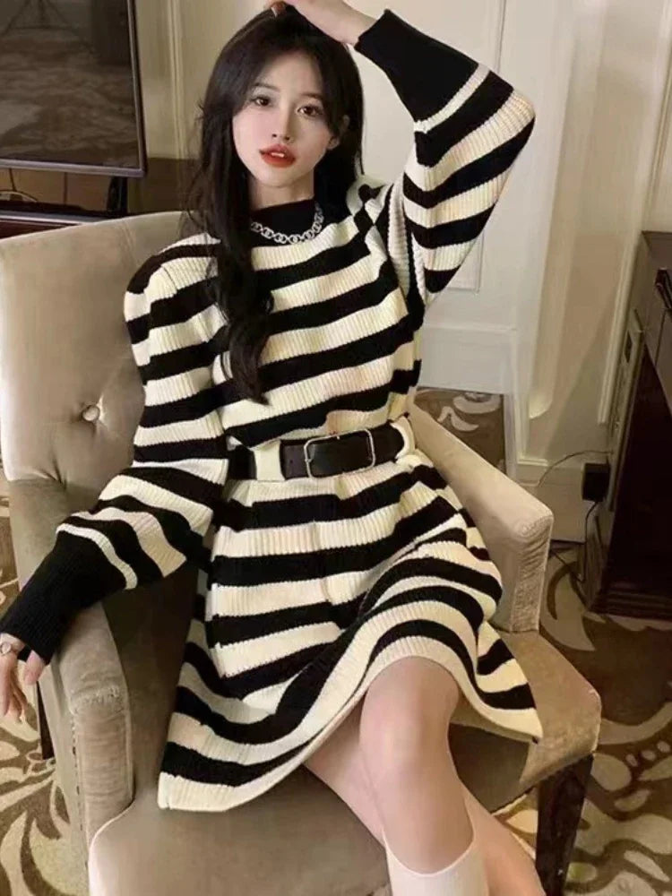 Winter Dress Women New Fashion Double Pockets Short Dresses Ladies Casual Loose Long Dress