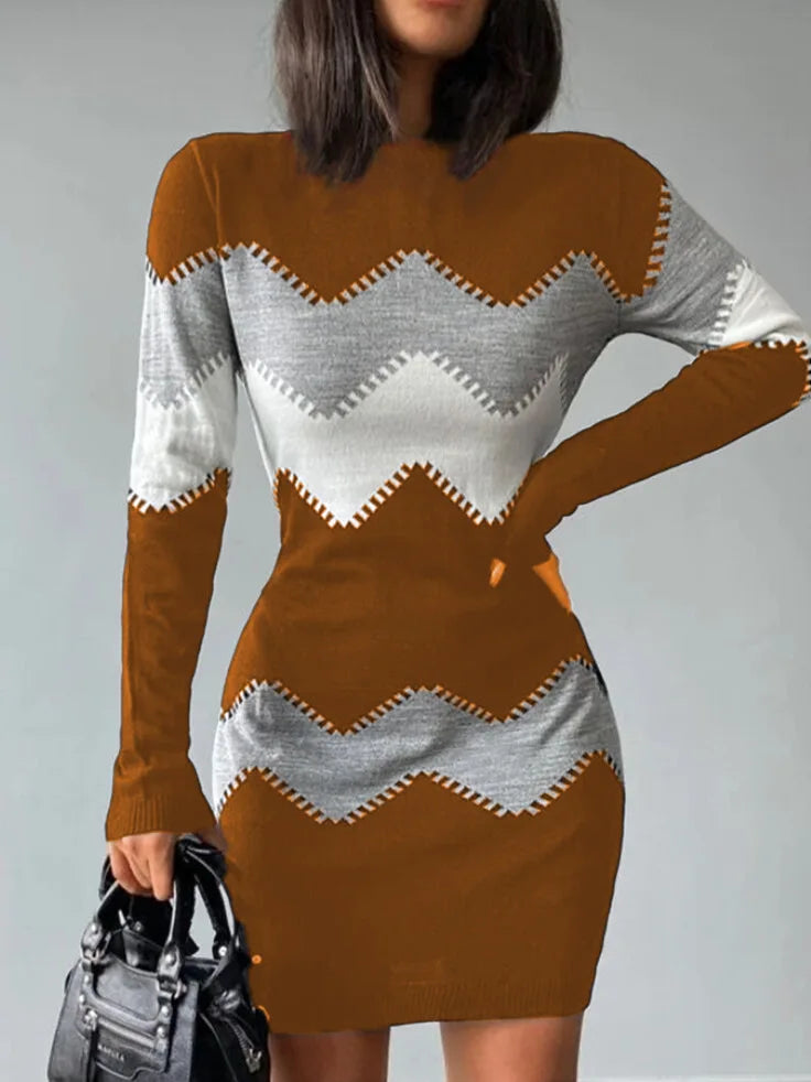 Winter Women Fashion Print Slim Dress Female Long-sleeve O-neck Elegant Dress