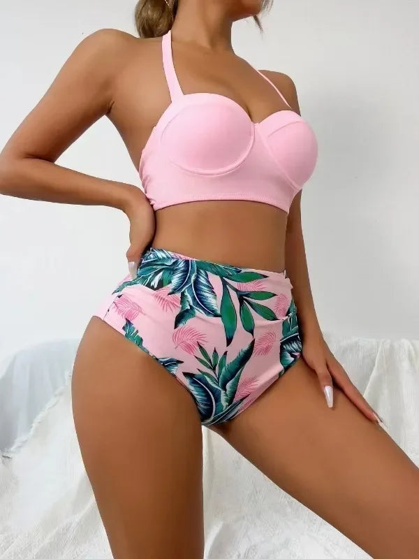 Sexy High Waist Bikinis Pink Swimsuits Women Swimwear