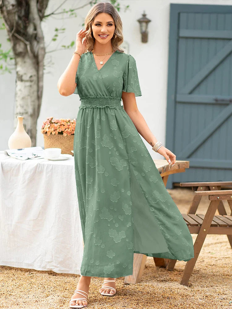 Maxi Dress Casual Summer V Neck Puff Sleeve High Waist Lace Up Dress