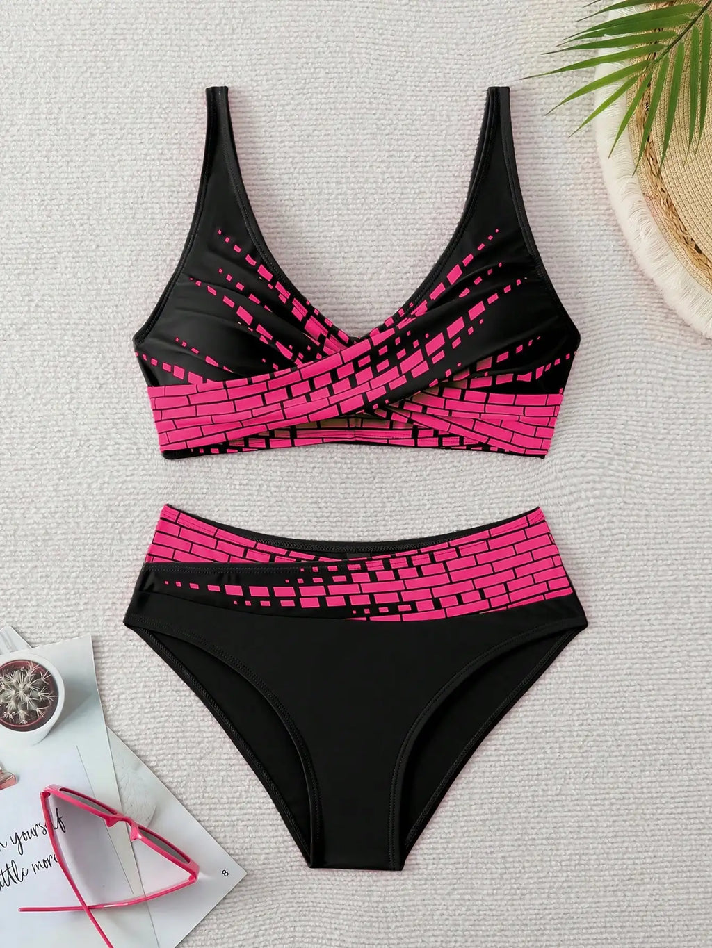 High-Waisted Chic Bikini Set - Black & Pink Geometric Print