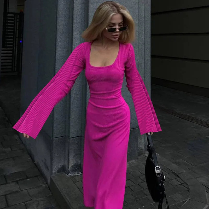 Women‘s Casual  Dress U Neck A Line Slim Skinny Elastic Bell Long Sleeve Dress