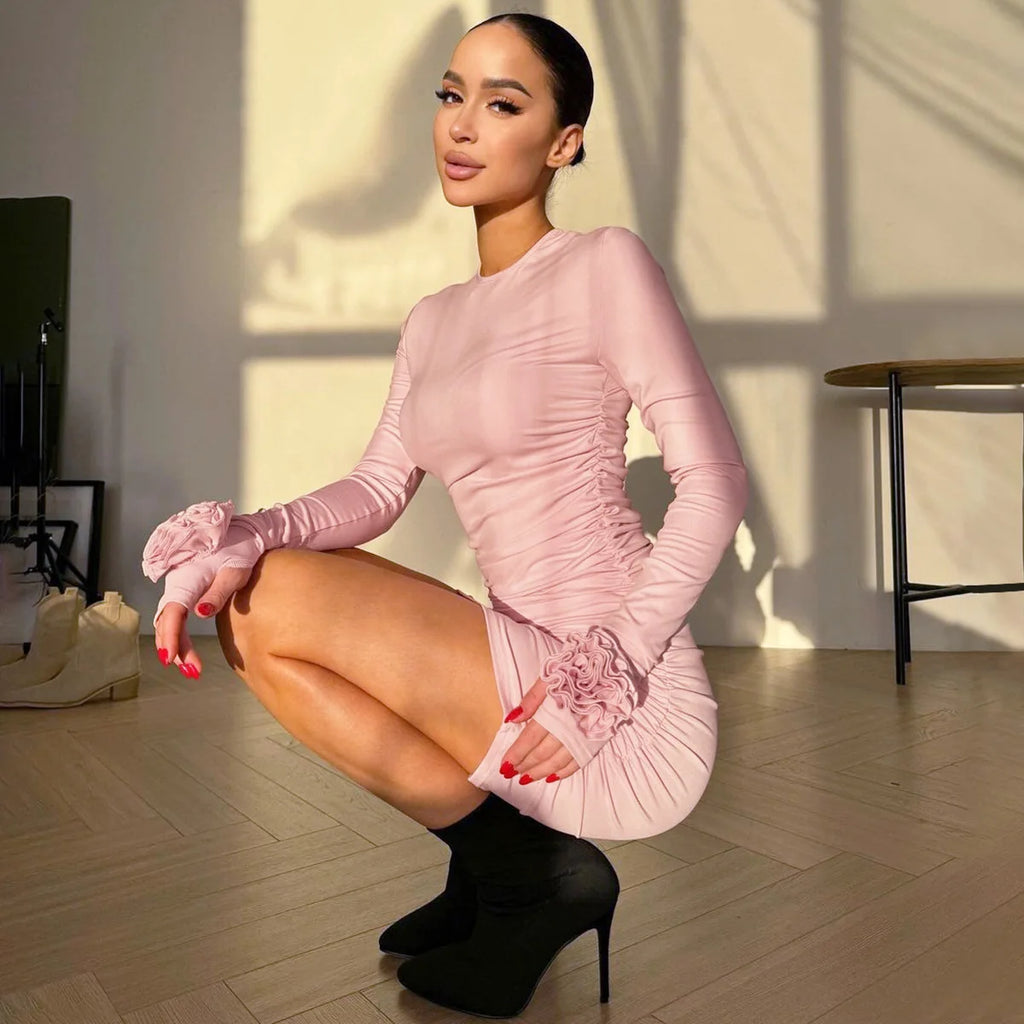 Woman Clothing Flowers Long Sleeve Party Evening Party Club Short Dress Package Wrap