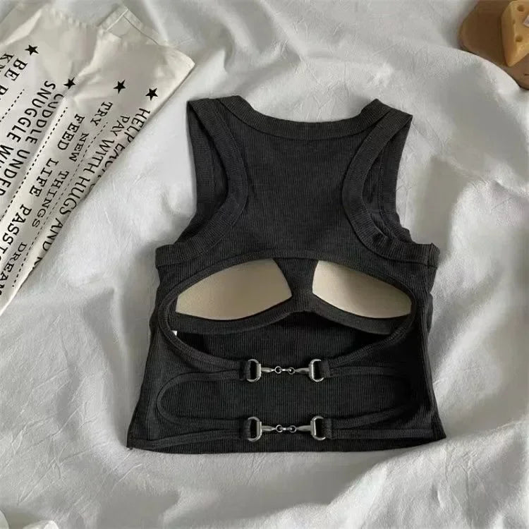 Women Sports Tank Sexy Backless Tops with Bra Pad Casual Crop Tops