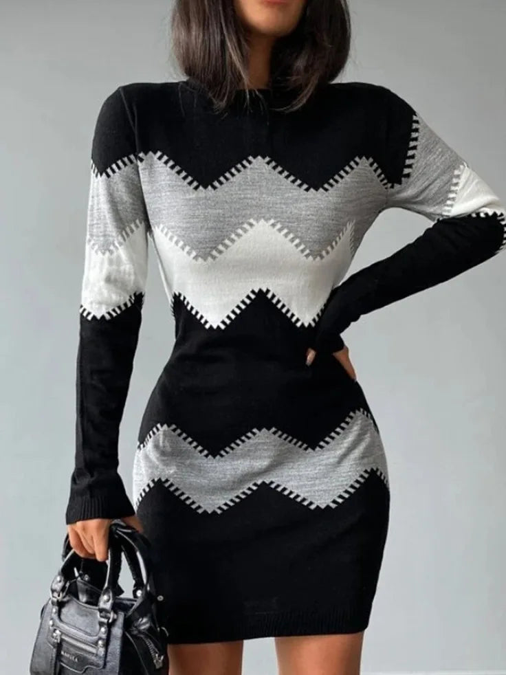 Winter Women Fashion Print Slim Dress Female Long-sleeve O-neck Elegant Dress
