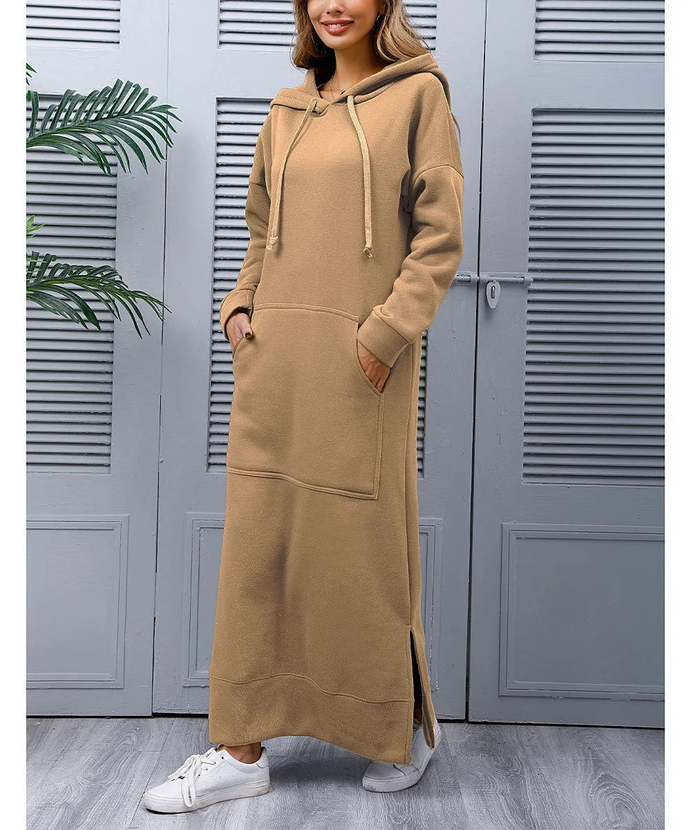 Women Dresses Autumn Winter hoodies Hooded Big Pocket Sweaters Dress