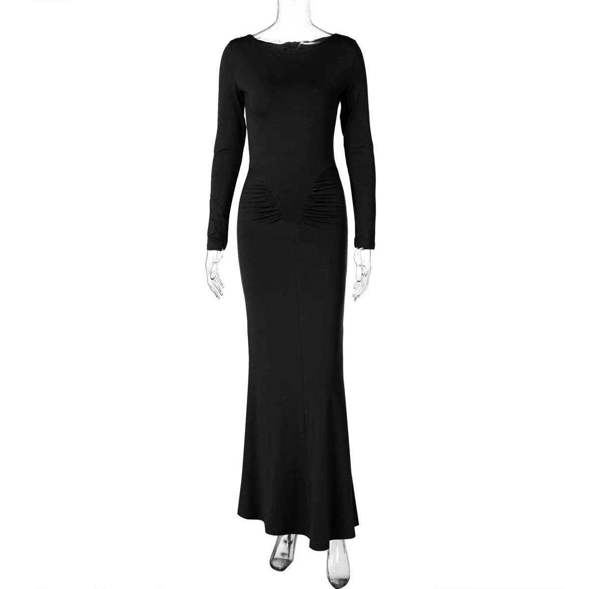 Sexy Wrap Buttocks Dresses Women O Neck Dress Long Sleeve Sheath Slim Fit Solid Spliced Pullover Folds Floor Length 2025
