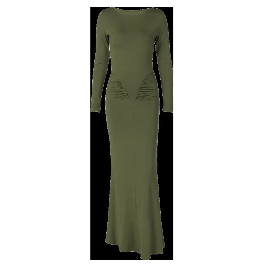 Sexy Wrap Buttocks Dresses Women O Neck Dress Long Sleeve Sheath Slim Fit Solid Spliced Pullover Folds Floor Length 2025