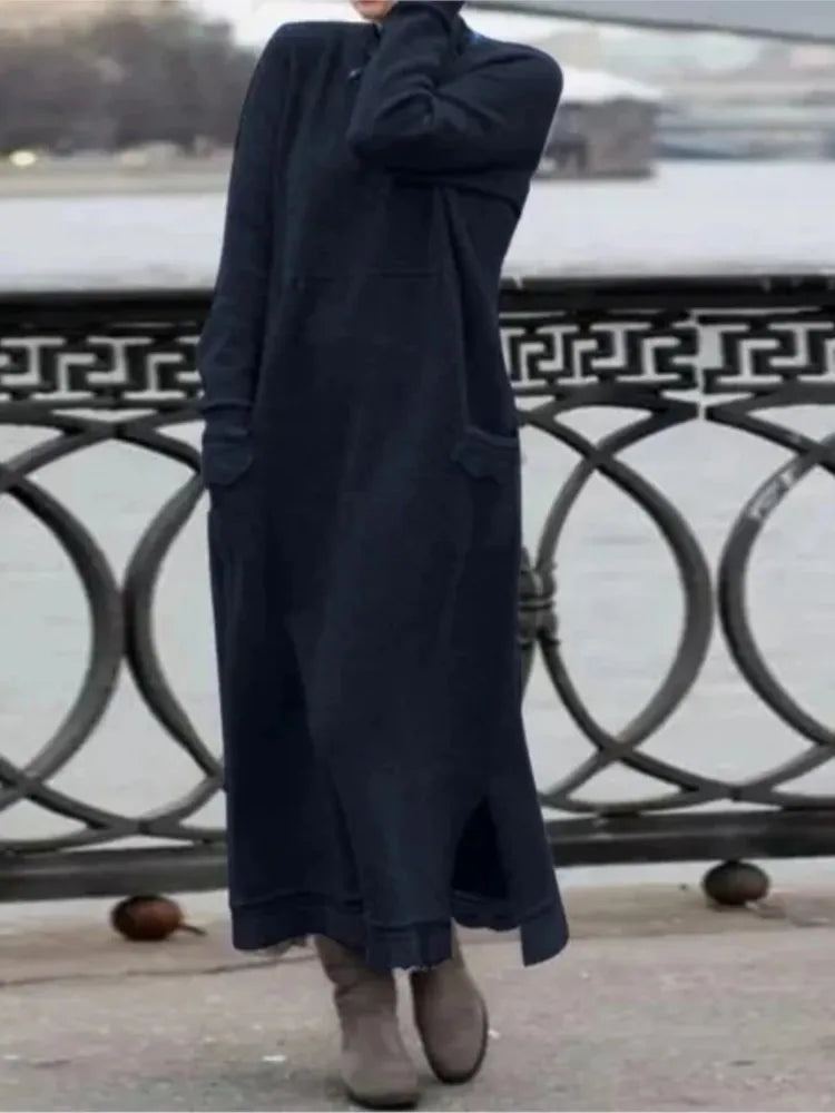 Autumn Winter New Long Dresses For Women Flower Dress Casual Long Female Solid Color Fashion