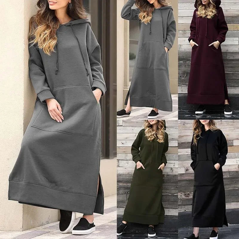 Women Dresses Autumn Winter hoodies Hooded Big Pocket Sweaters Dress
