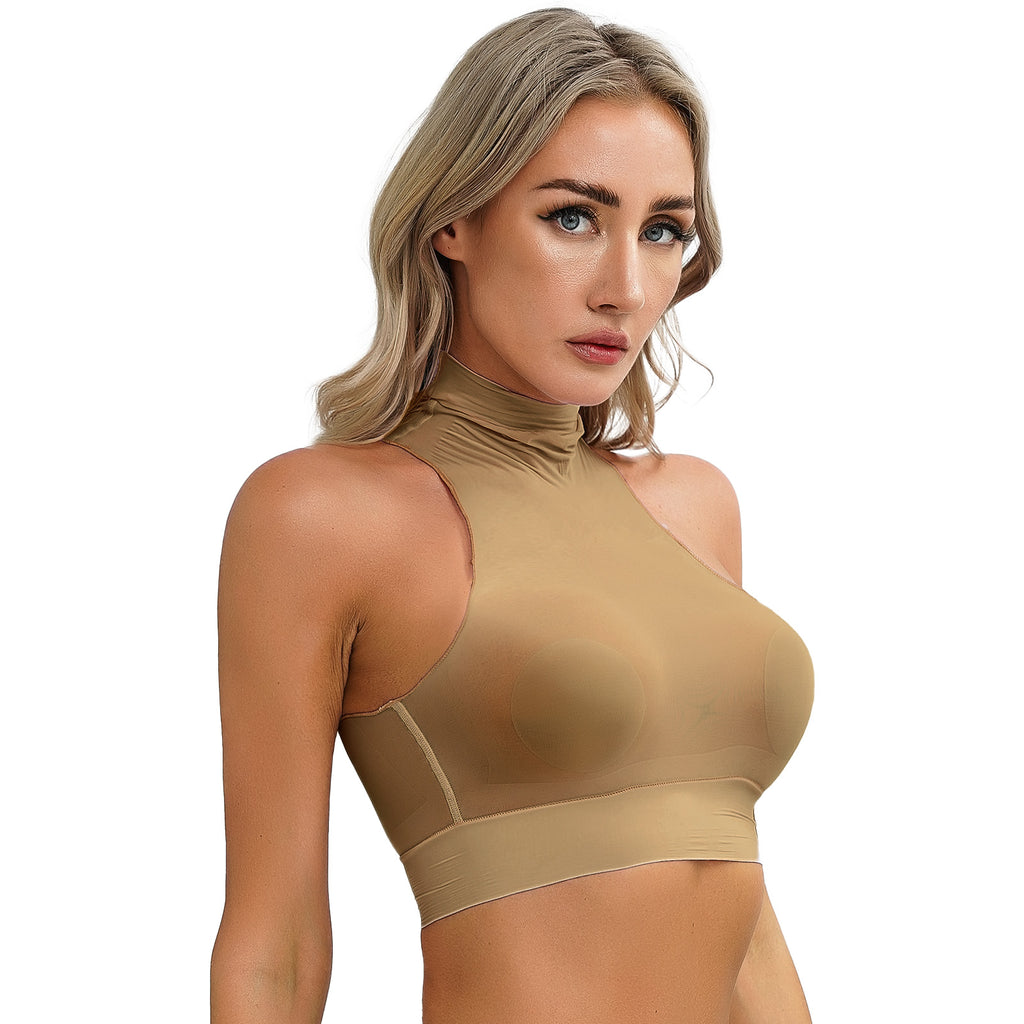 Womens Glossy Crop Tops Mock Neck Sleeveless Sheer See-Through Slim Fit Vest Tops